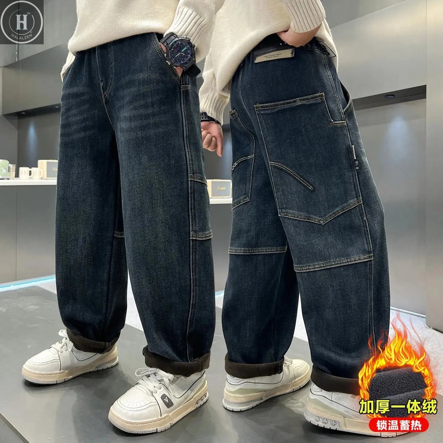 Boys Fleece Denim Pants with Back Pocket Teenager Boys Handsome Autumn Winter Warm Boys Thick Straight Leg Baggy Wide-leg Pants HALALZEN