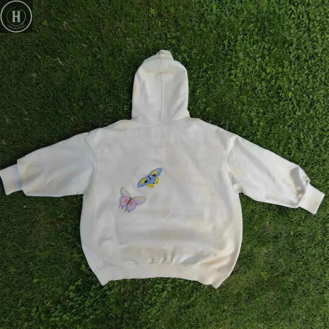 American Retro Y2K Embroider Butterfly Hoodie Women Floral Pullover Hoodie Sweatshirt Casual Fashion Tops Colorful Pattern Coats HALALZEN