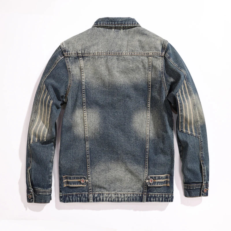 Large Pockets Cargo Denim Jacket for Men Spring Autumn Retro American Utility Jacket Trendy Casual Denim Jeans Coat