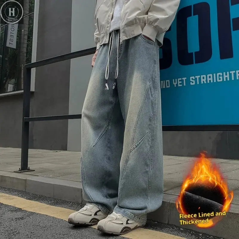 New Men's Fleece-Lined Wide-Leg Jeans Winter Vintage Washed Elastic Drawstring Waist Denim Trousers Men 8XL Loose Fit Jean Pants HALALZEN