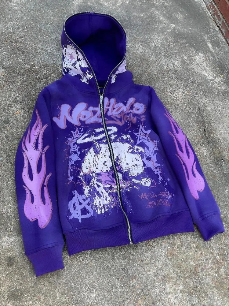 American retro Harajuku street dark hip-hop high street cartoon print zipper hoodie loose hoodie street trendsetters loose trend