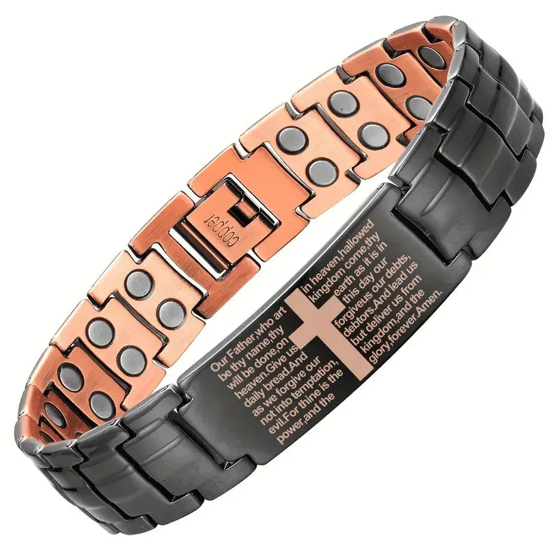 1 piece of copper magnetic bracelet, male version with dual-row magnets, featuring a chain with a cross pattern, hypoallergenic
