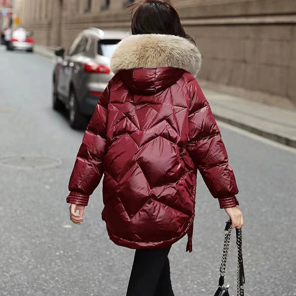 2023 Winter Down Cotton Jacket Women Casual Loose Thicken Warm Parkas Fur Collar Hooded Overcoat Wine Red Waterproof Coat Female