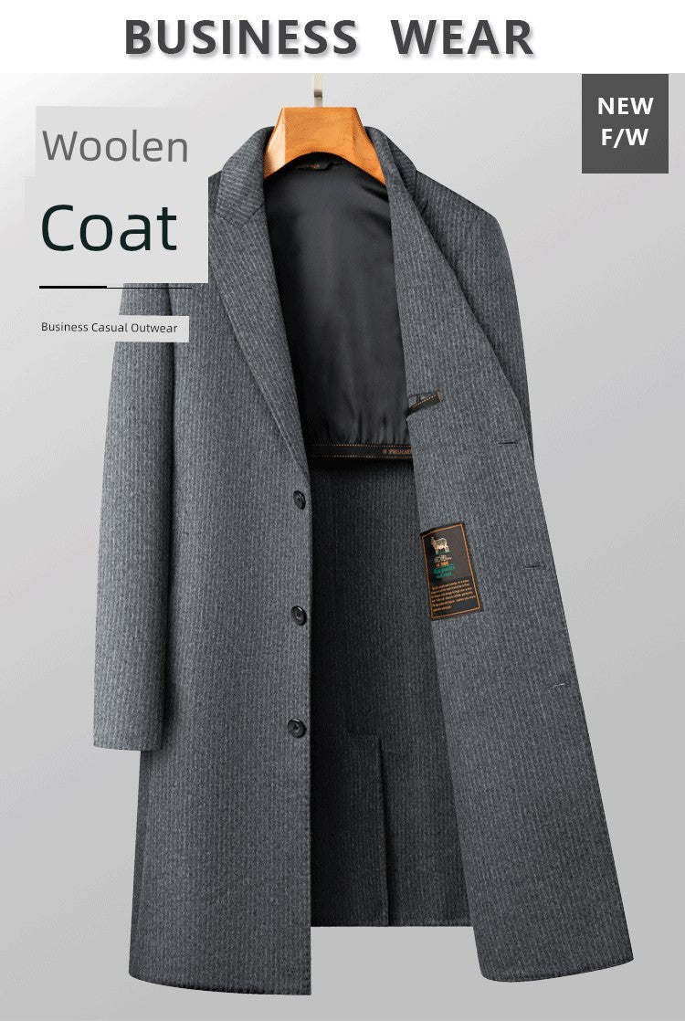 Pierre Cardin Hand-Stitched Wool Reversible Woolen Coat Closure Collar Casual Stripes Long Trench Coat Men