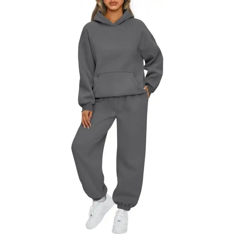 Fashionable Pure Color Autumn Winter Women's Two-Piece Set Casual Hoodie Sportswear Long Pants Ensemble Polyester Fiber