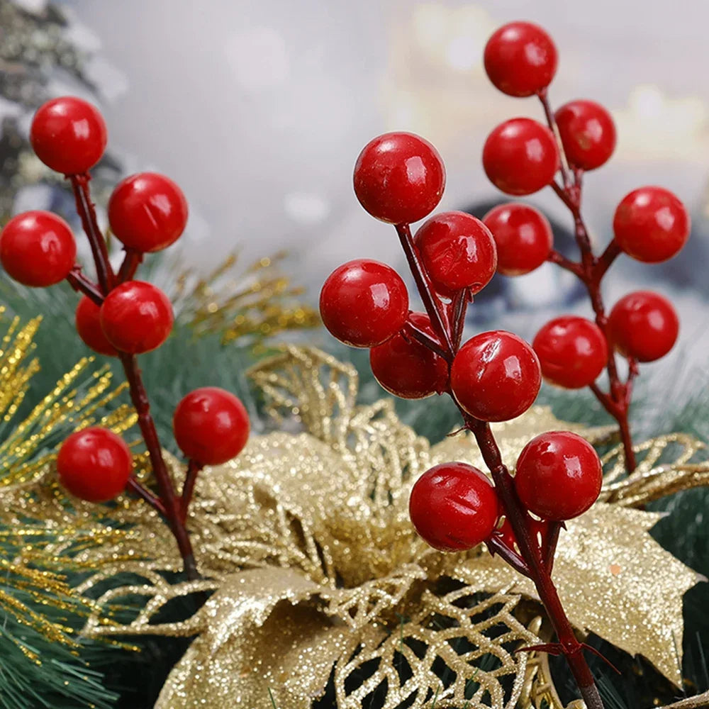 Artificial Berries Red Gold Silver Fake Berries Branch Cherry Stamen Christmas DIY Floral Wreath Ornament New Year Party Decor