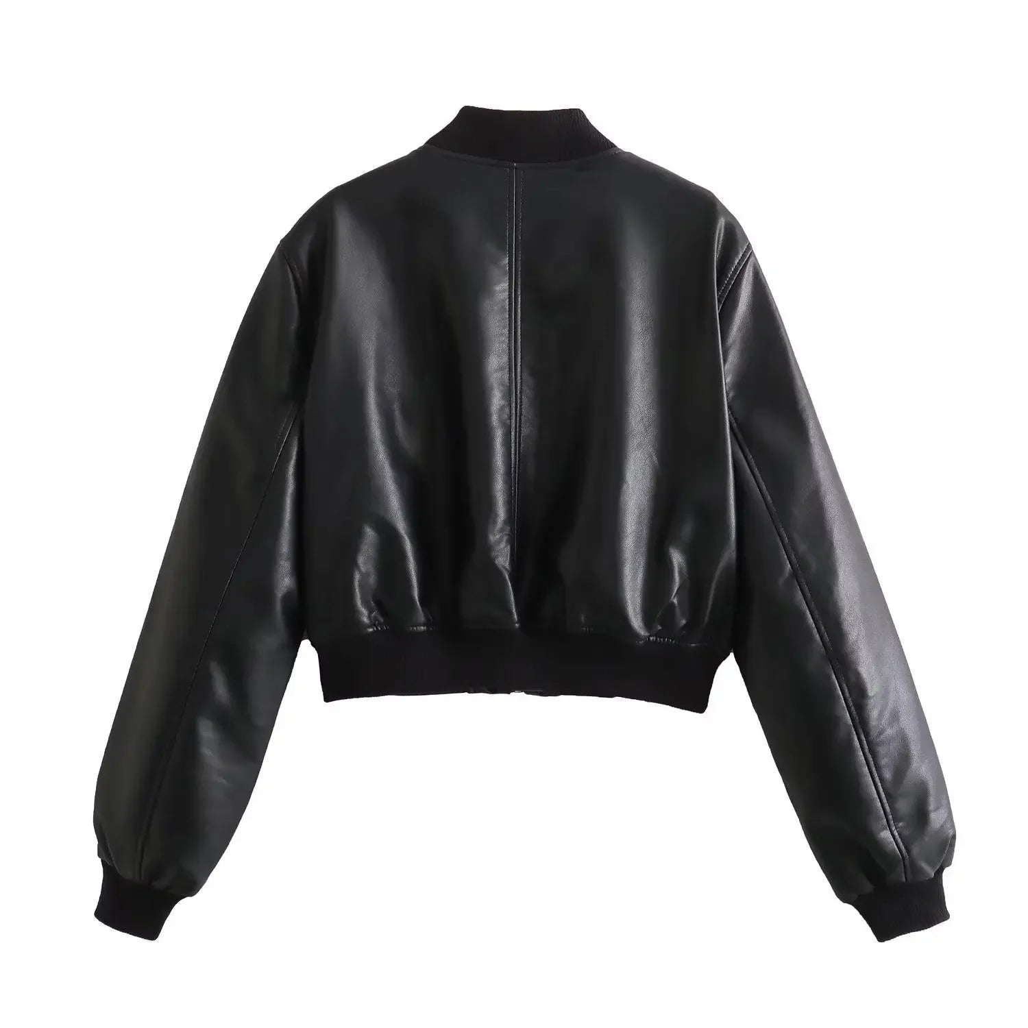 2025 Women's PU Black Zippered Long Sleeve O-Neck Casual Motorcycle Jacket Chic round Neck Tops