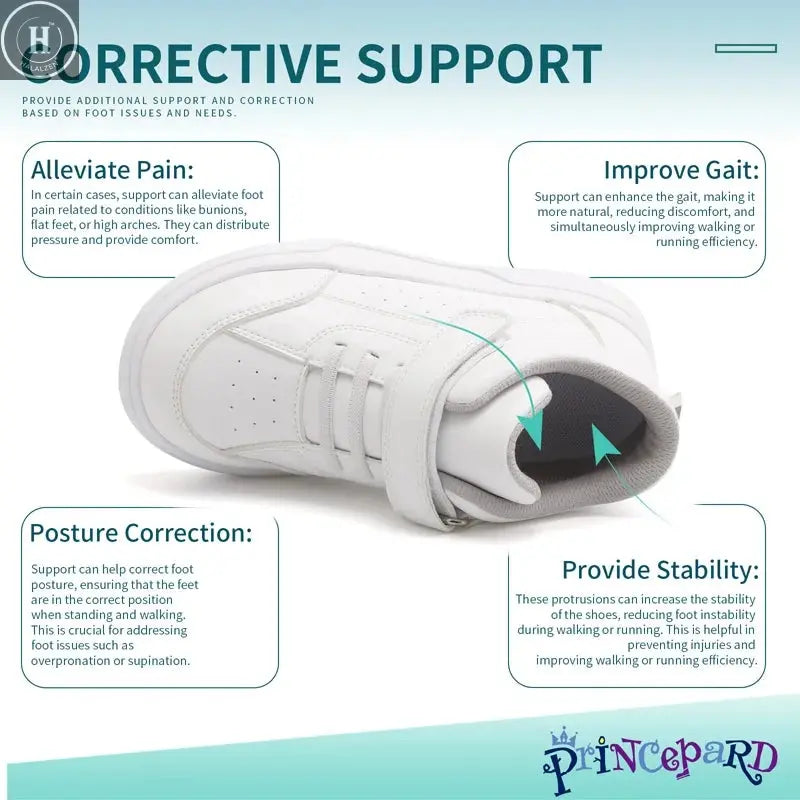 Princepard Orthopedic Kid Sneakers White Color Back to School Children's Casual Shoes for Girls Boys with High Top Arch Support Halalzen UK