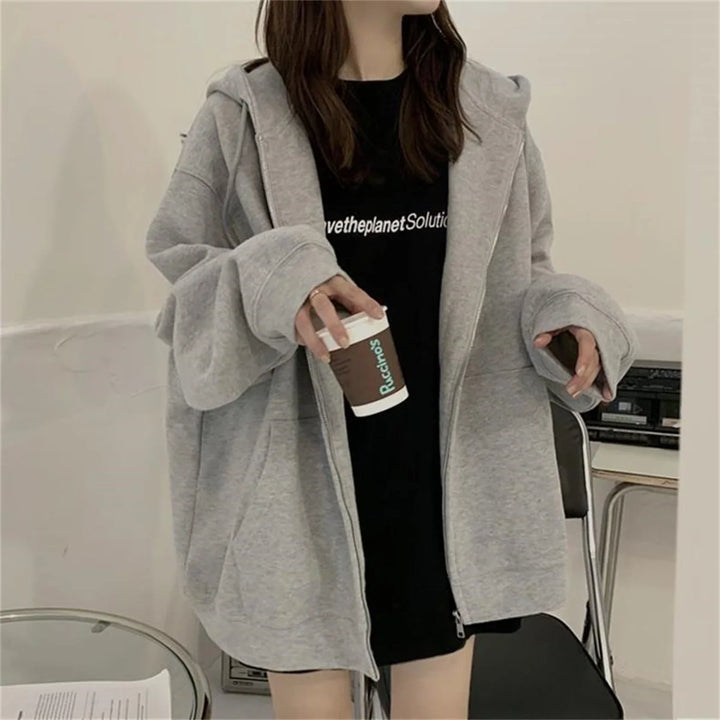 Women Loose Hooded Sweatshirt Jacket 2025 Spring Fall Solid Zipper Long Sleeve Coat Oversize Vintage Korean Hoodies Casual Wear