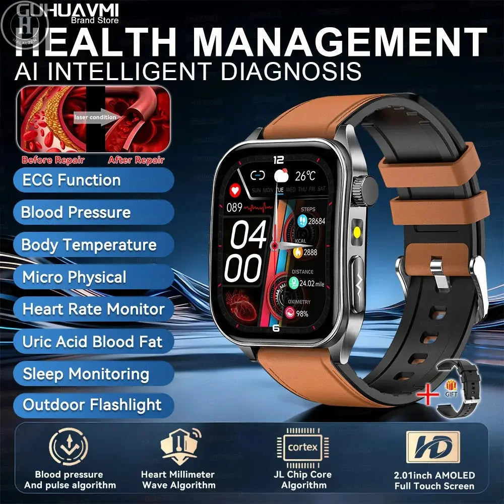 2026 New 650nm Laser Therapy Health Smartwatch Men ECG Blood Pressure Lipid Uric Acid Bluetooth Call Smart Watch For Android IOS HALALZEN