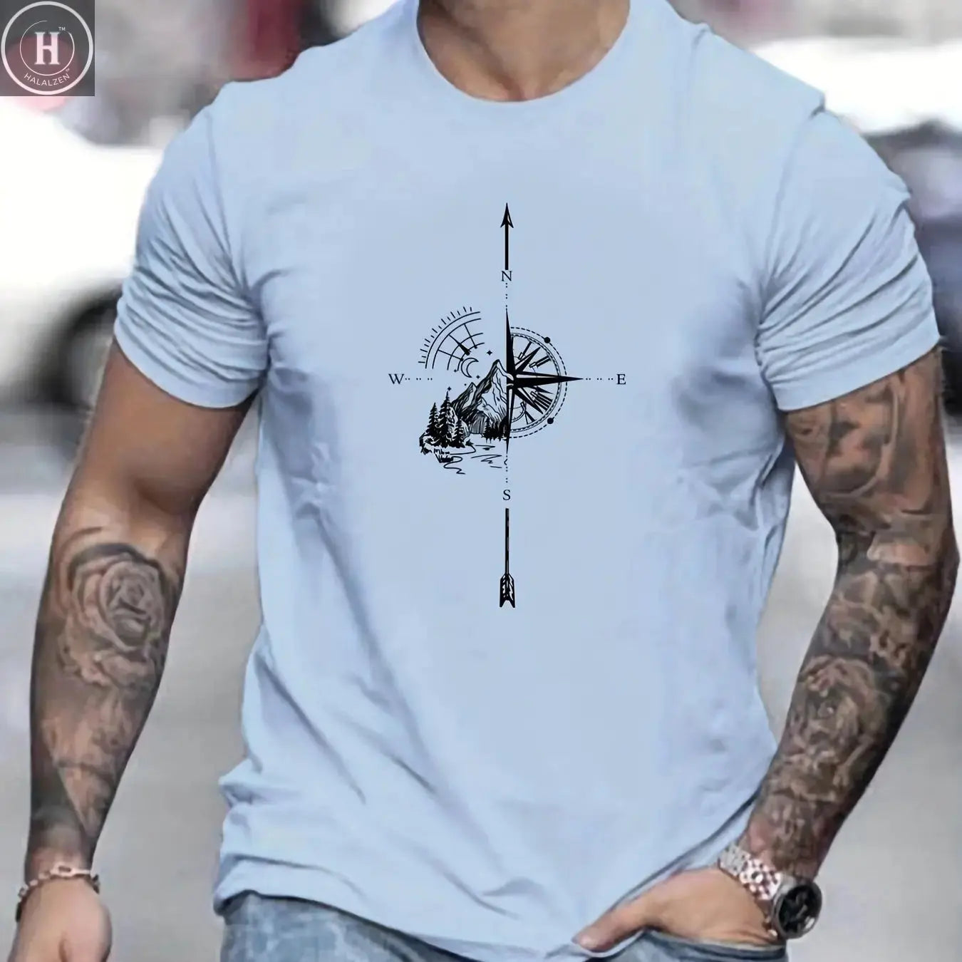 Men's Summer Casual Loose Size 100% Cotton Mountain Compass Pattern Print Round Neck Short Sleeve T-shirt Top HALALZEN