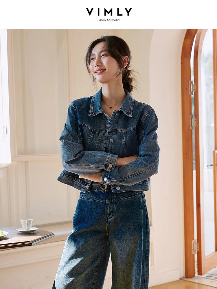 VIMLY Women's Cropped Denim Jacket 2025 Autumn Vintage Washed Jeans Jacket Casual Loose Female Outerwear Woman Clothing 73916