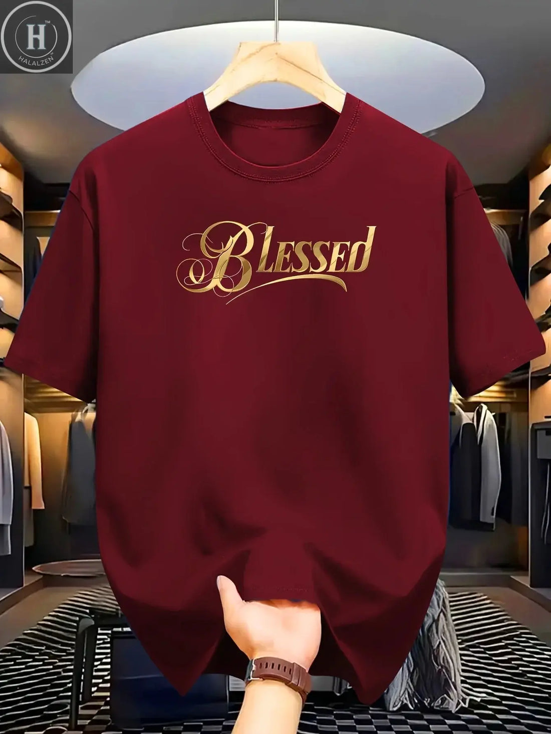 Men's summer 100% cotton fashionable casual loose classic Blessed pattern printed sports round neck short sleeved T-shirt top HALALZEN