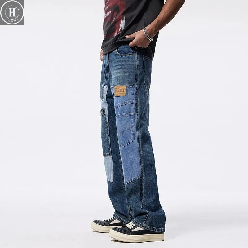 Men's Patchwork Pattern Design Baggy Jeans Cool Boy Street Style Bottoms Casual Pants Fashion Wide Leg Trousers Male Sweatpants HALALZEN