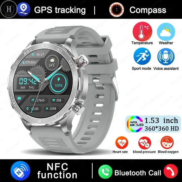 New GPS Track Smart Watch Men AMOLED HD Screen Outdoor Sports Fitness Heart Rate NFC IP68 Waterproof Bluetooth Call Smart Watch HALALZEN