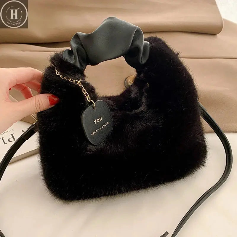 Women Faux Fur Plush Handbags Ruched Handle Small Lady Shoulder Crossbody Bag Casual Half-Moon Hobos Winter Bags for Women HALALZEN