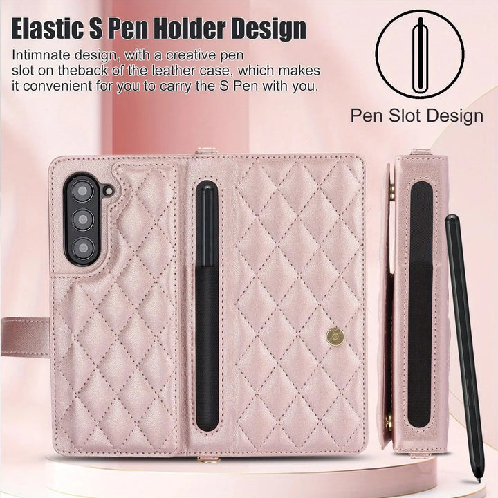 PU Leather Flip Wallet Case For Samsung Galaxy Z Fold 6 5 4 3 5G With Holder Crossbody Wrist Strap Card Slot Stand Phone Cover