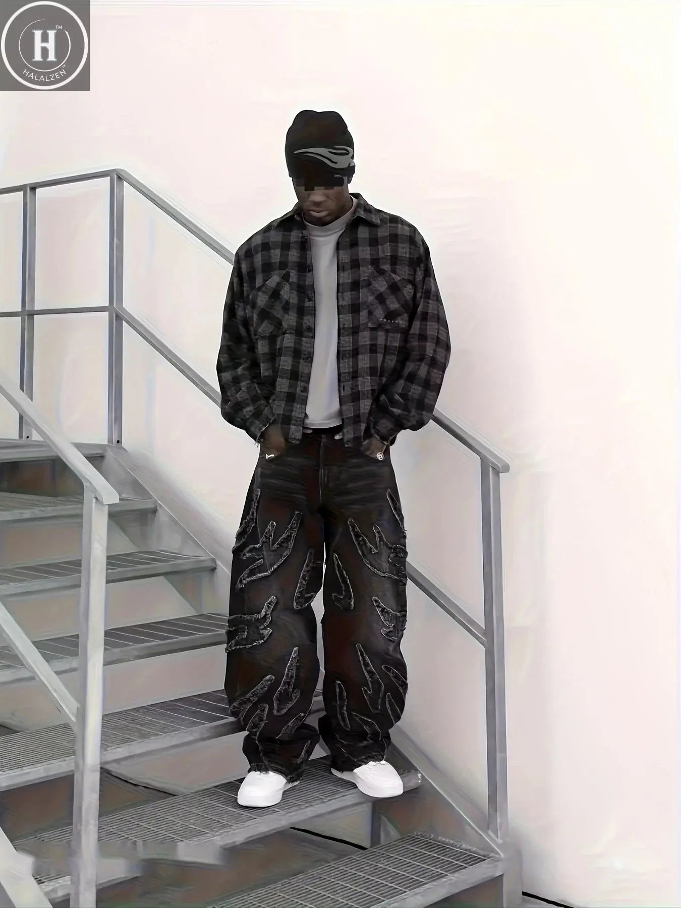 European and American Embroidered Street Graffiti Wide-Leg Jeans for Men, Loose Flame Vintage-Style Casual Trousers Halalzen UK