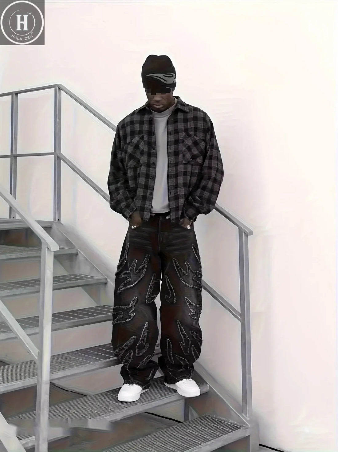 European and American Embroidered Street Graffiti Wide-Leg Jeans for Men, Loose Flame Vintage-Style Casual Trousers Halalzen UK