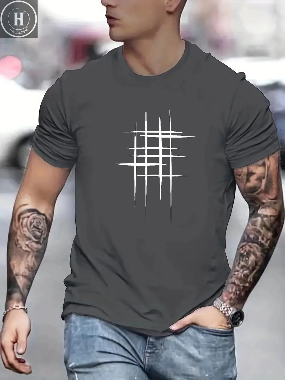 Summer Men's 100% Cotton Casual Loose Size Graphic Line Print Round Neck Short Sleeve T-shirt Top HALALZEN