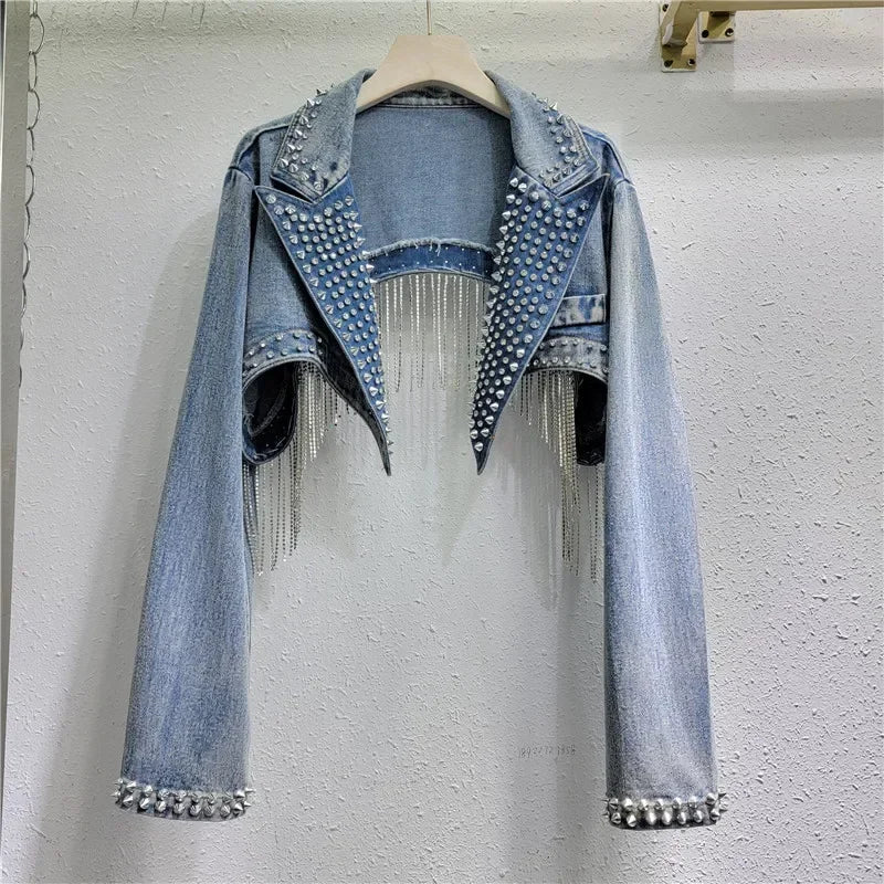 Rhinestone Beaded Tassels Rivets Denim Jacket Short Crystal Fringed Backless Jeans Coat Diamonds Cowboy Cardigan Sequins Tops