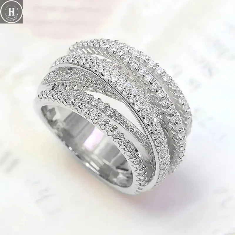 Luxury Female Rings 925 Sterling Silver Multi Layered Cross Ring for Women Micro Inlaid Zircon Promise Love Engagement Jewelry HALALZEN