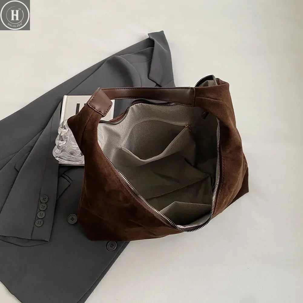 Women Suede Shoulder Bag with Zipper Hobo Bags Large Capacity Handbag Slouchy Bag Commuter Travel Bag Purses and Handbags HALALZEN