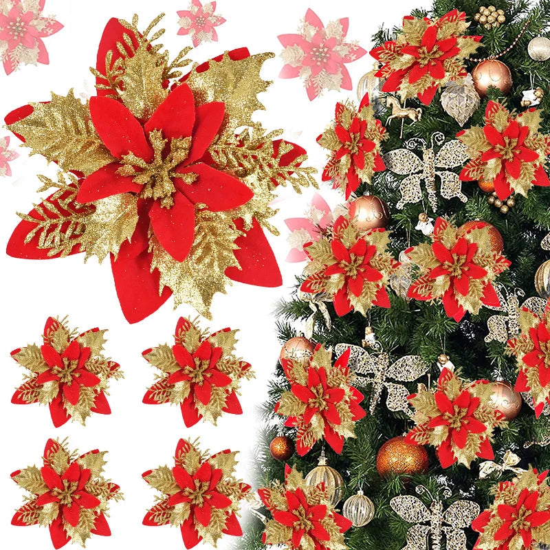 5/10Pcs 14cm Glitter Artificial Christmas Flowers Xmas Tree Ornaments Merry Christmas Decorations for Home New Year Gift Navidad