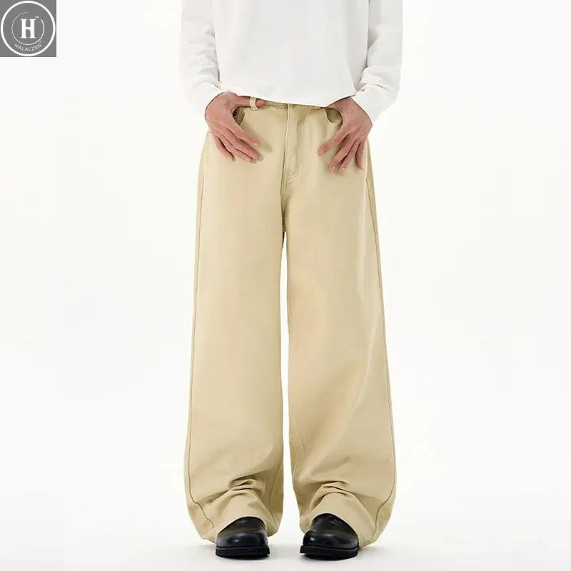 Baggy Wide-leg Jeans 100% Cotton Comfortable Breathable Autumn Casual Denim Pants Loose Straight Trousers Fashion Streetwear Halalzen UK