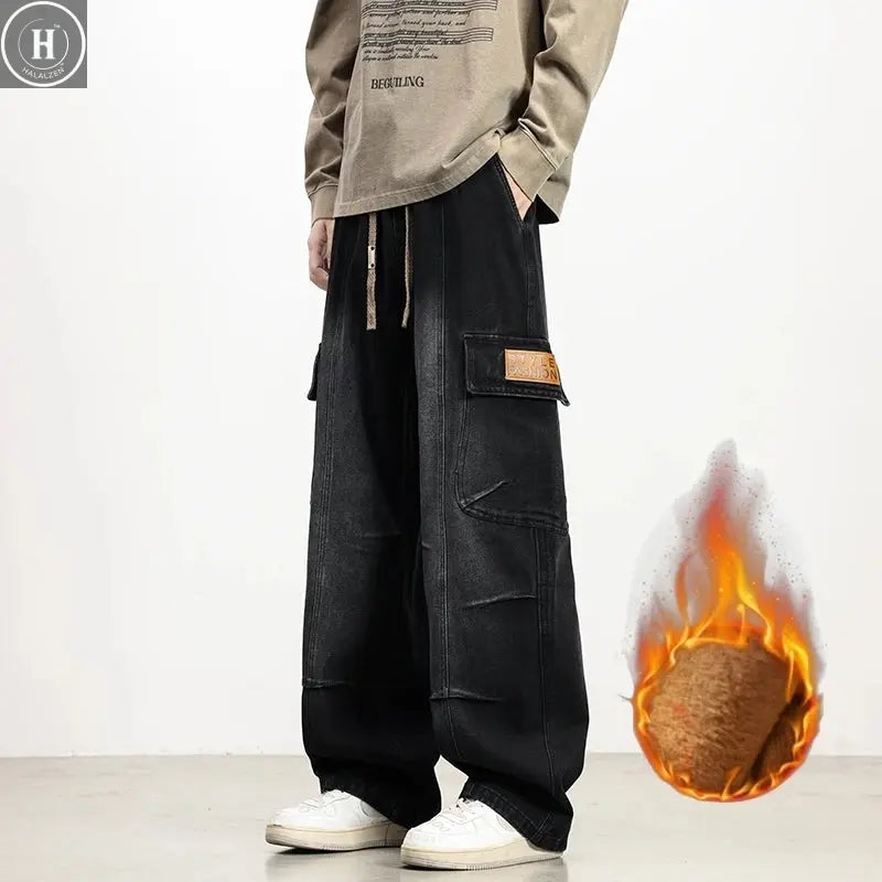 New Winter Velvet Denim Jeans Wide Leg Washing Jean Pants Men Trousers Neutral Loose Casual Outdoor Fashion Pants Big Size 8xl Halalzen UK