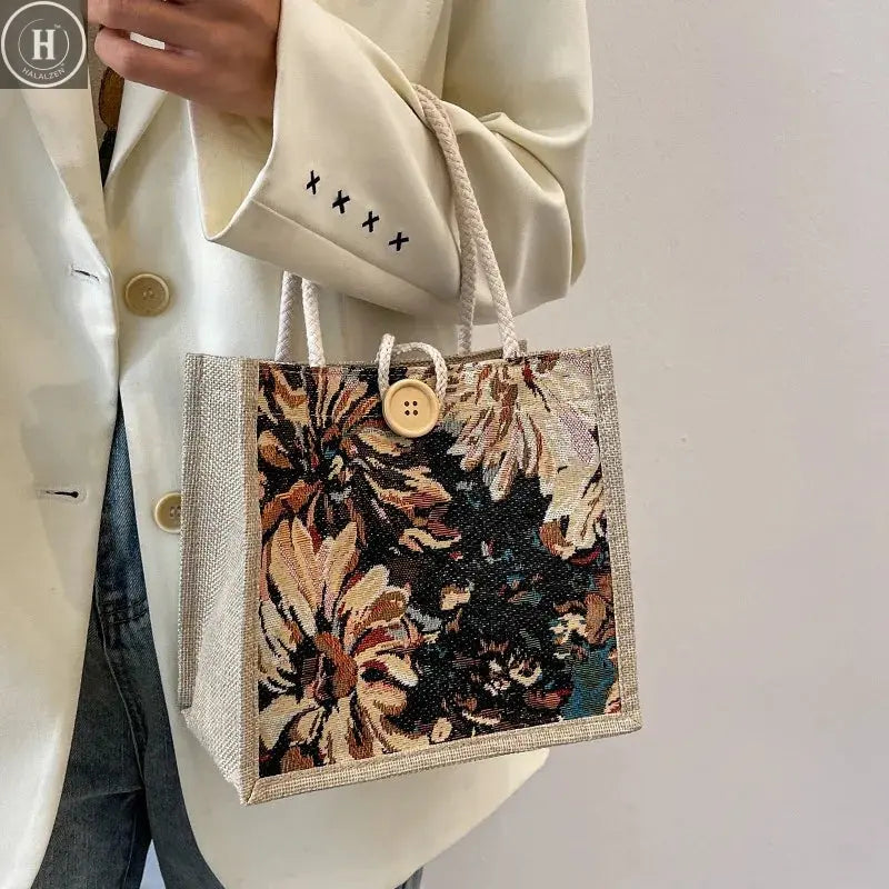 Fashion Linen Handbag Butterfly Printed Canvas Bag Casual Women Recycle Tote Portable Shopping Bag Student Lunch Food Bento Bag HALALZEN