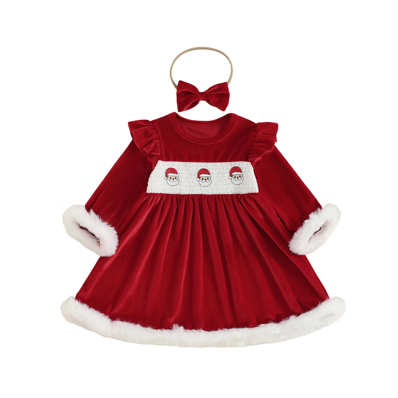 Christmas Toddler Girl Velvet Dress with Santa Claus Embroidery Round Neck Long Sleeves A Line Silhouette and Matching Bow