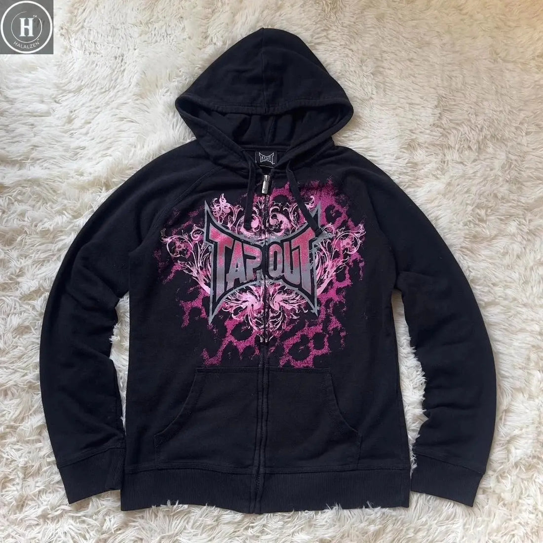 Y2K 2000s Tapout Pink & Black Grunge Angel Wings Spellout Zip Up Hoodie - Large HALALZEN