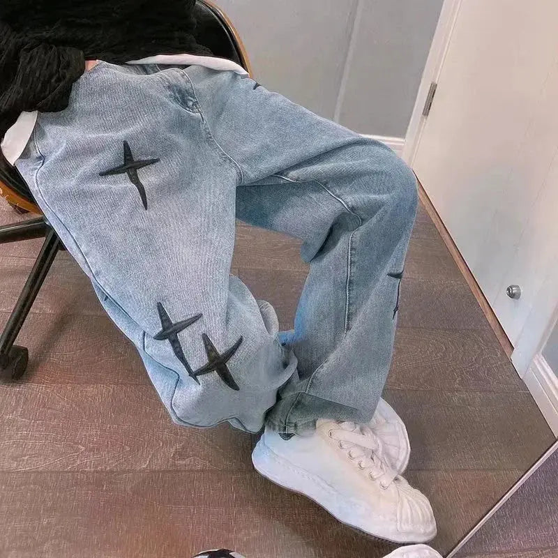 Men's Trendy Cool Style 2024 Blue Denim Pants Baggy Wide Leg Streetwear Trousers Cross Star Sticker Embroidery Design Jeans Male Halalzen UK