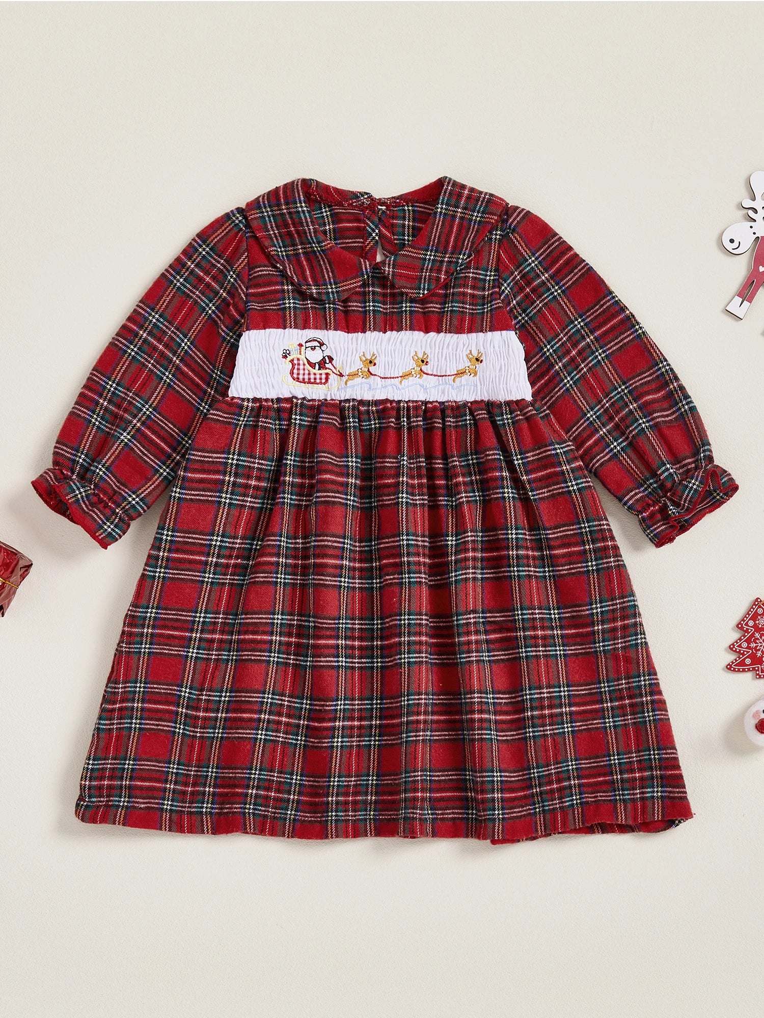 Christmas Plaid Dress with Santa and Reindeer Embroidery Doll Collar Long Sleeves A-line Silhouette - Adorable Winter and