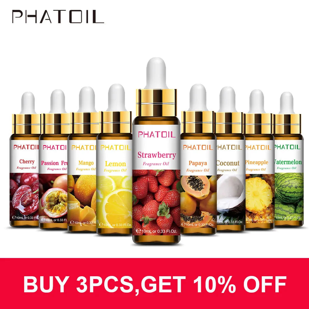 PHATOIL 10ml Fruit Fragrance Oils Strawberry Cherry Pineapple Mango Coconut Grape Watermelon Aroma Oil for Candle Soap Making HALALZEN