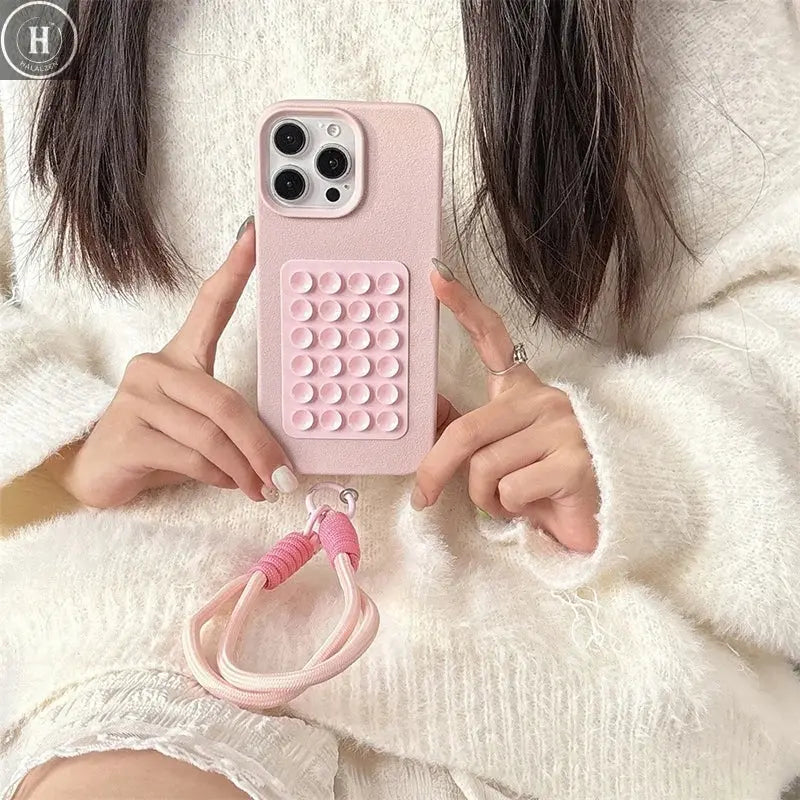 Suction Cup Stand Litchi Pattern Phone Case For iPhone 17 16 15 14 13 12 11 Pro Max X XS XR With Lanyard Rope Soft Bumper Cover Halalzen UK