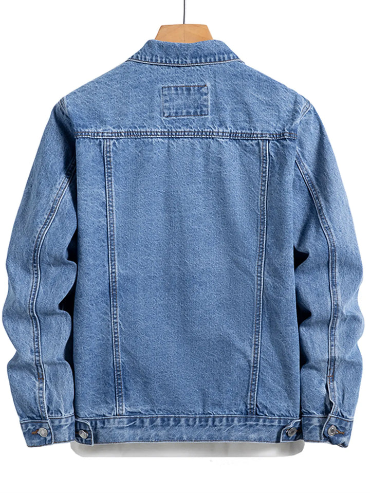 Men's blue denim jacket for spring and autumn. Multi-pocket design. Regular size with a stylish street casual style.