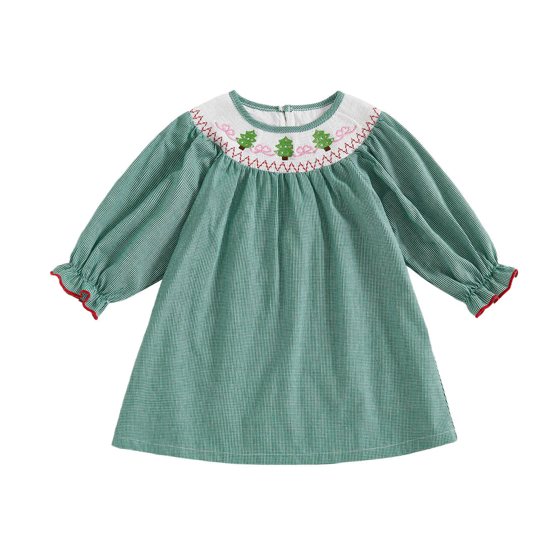 Christmas Toddler Girl Dress with Festive Tree Embroidery Mock Neck Long Sleeves and Plaid Print - Holiday A Line Dress