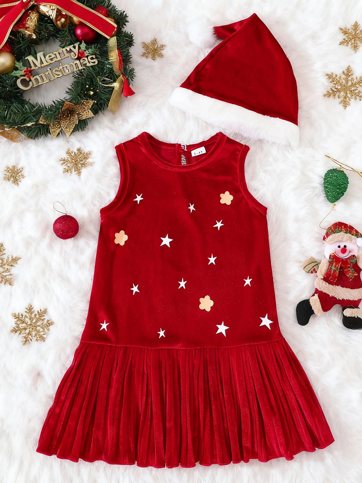Cute Baby Girl Winter Dress Snowflake Print Round Neck Long Sleeve Velvet Dress with Matching Headband Set for Christmas