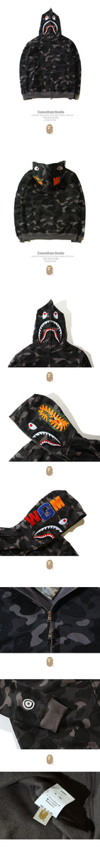 100% Cotton Trendy Shark Camouflage Zippered Hoodie for Men and Women Fine Embroidery Loose Fitting Pure Cotton Plush Hooded Ca