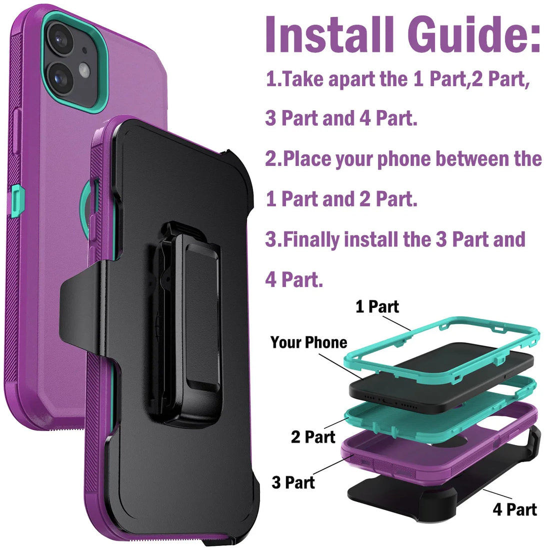 For iPhone 11/11 Pro/11 Pro Max Shockproof Phone Case Rugged Hybrid Heavy Duty Soft Protective Cover With Belt Clip