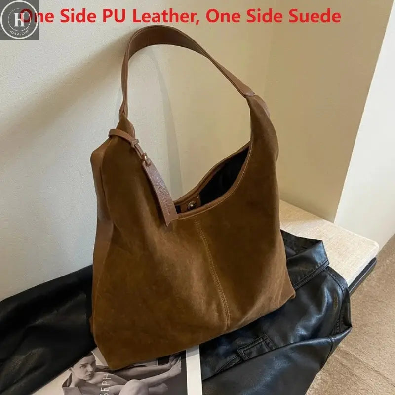 Women Suede Shoulder Bag with Zipper Hobo Bags Large Capacity Handbag Slouchy Bag Commuter Travel Bag Purses and Handbags HALALZEN
