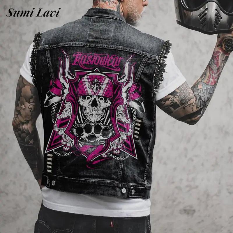 Rock Punk Style Skull Printed Denim Vest Jacket Men Vintage Ripped Buttoned Lapel Waistcoats Mens 2026 Spring Fall Jean Jackets