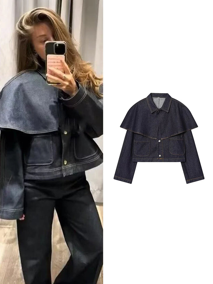  TFMLN New Women Solid Pockets Chic Denim Coat Lapel Long Sleeve Cloak Spliced Single Breasted Streetwear Coats Female Clothes