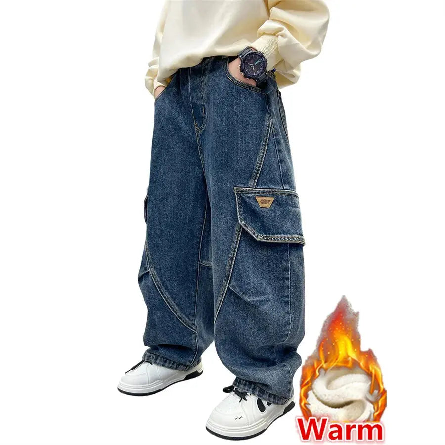 Elegant Children Boy Warm Thermal Cargo Jeans With Pocket Winter Trousers with Fleece Lined Thick Insulated Denim Pants 5-14 Y HALALZEN