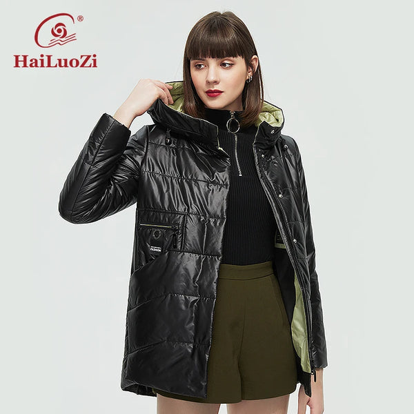 HaiLuoZi Spring Women Jacket Short Parka Fashion Casual Waterproof Warm Women's Autumn Coat Zipper Hooded Female Outwear 875