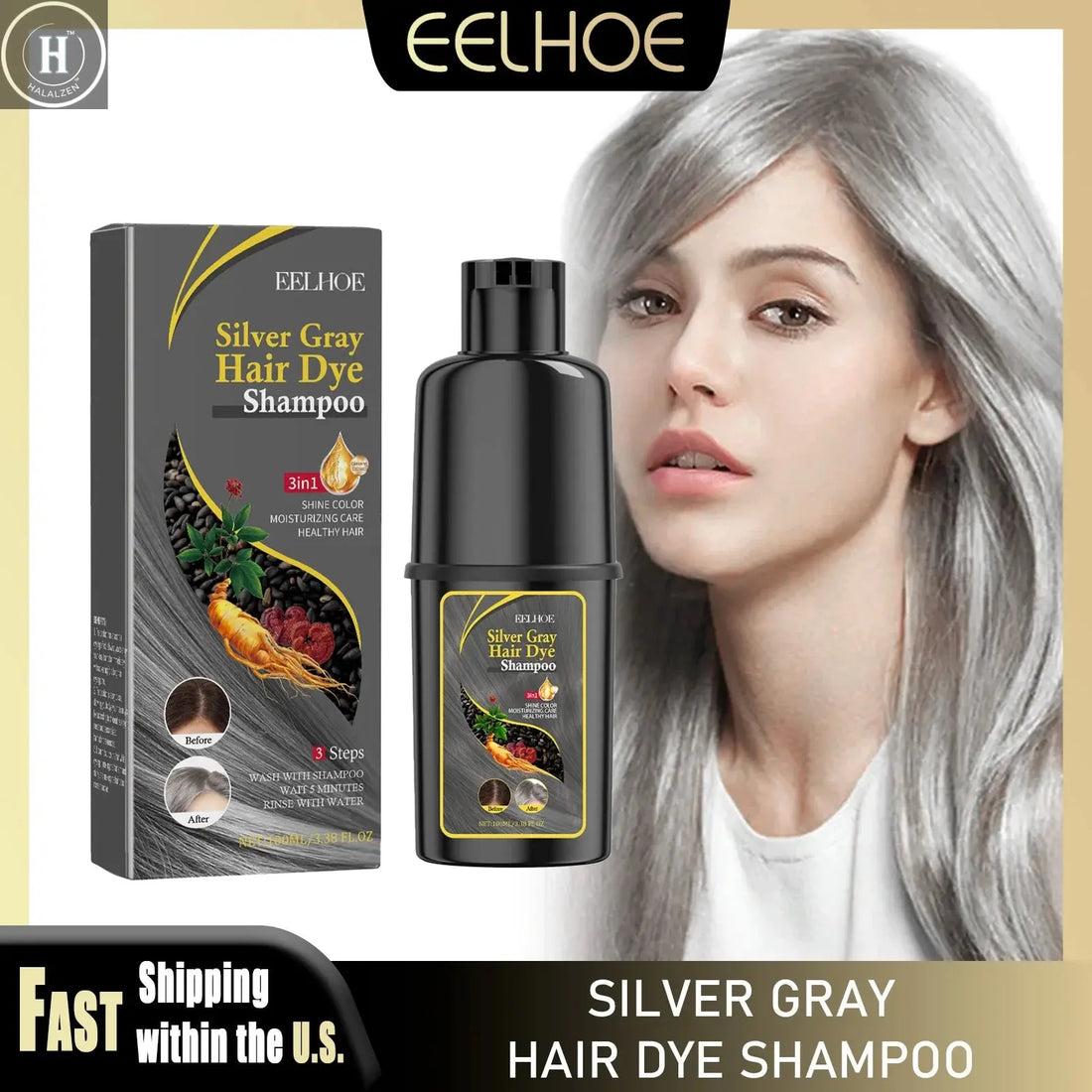 EELHOE 100ml Hair Dye Shampoo Silver Gray Quickly Dye Moisturize Make Hair Soft Shiny High-efficiency Dye Safe Gentle Hair Care HALALZEN