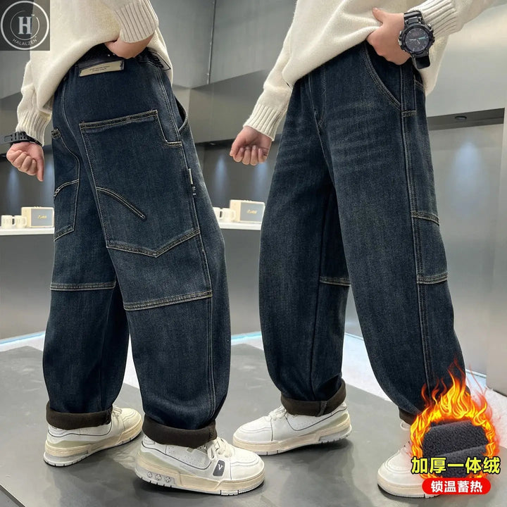 Boys Fleece Denim Pants with Back Pocket Teenager Boys Handsome Autumn Winter Warm Boys Thick Straight Leg Baggy Wide-leg Pants HALALZEN