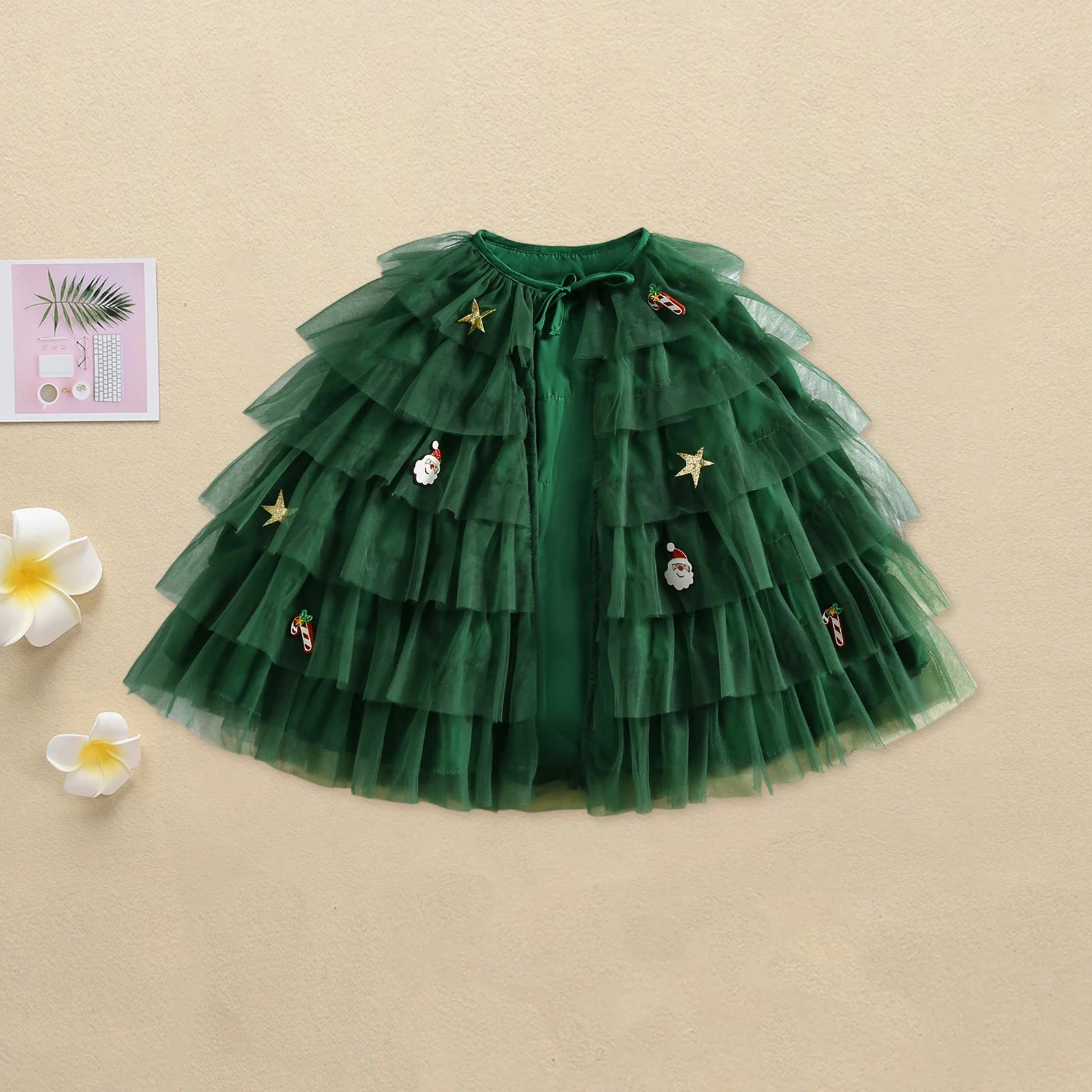 Christmas Tulle Cloak for Girls Snowman Reindeer Gingerbread Man Tiered Cake Tie Front Cape with Holly Accents